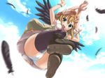  artist_request black_wings blush boots cloud day falling feathers game_cg hat jacket jewelry kagirohi_shaku_kei necklace open_mouth orange_hair panties pantyshot sanoou scarf shell shirt single_thighhigh skirt sky sleeveless sleeveless_shirt smile solo thighhighs underwear wings 