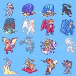  akai_(artist) akai_(ugokashitari) aliasing armor blue_background combination dragon_girl goo_girl insect_girl monster_girl multiple_girls nude pixel_art shell simple_background slime slimegirl slug slug_girl snail sprite wings 