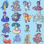  6+girls akai_(artist) akai_(ugokashitari) aliasing arachne bandage bandages blue_background combination dullahan gargoyle goo_girl harpy insect_girl lamia lowres mermaid mimic monster_girl multiple_girls plant_girl simple_background slime slimegirl spider_girl wings zombie 