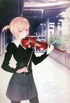  blonde_hair cherry_blossoms green_eyes instrument kyoto original pantyhose pullover real_world_location shirt short_ponytail skirt solo takeuchi_takashi violin 