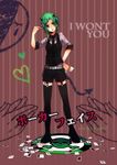  blue_eyes card engrish facepaint fuji_fujino garters gradient_hair green_hair gumi highres holding holding_card horns lying_card multicolored_hair poker_face_(vocaloid) ranguage short_hair shorts solo tail thighhighs vocaloid 