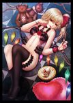  :p babydoll black_legwear blonde_hair bottomless breasts cake checkered flandre_scarlet food heart heart_pillow leg_garter legs medium_breasts momoman_(pink_voltage) navel no_panties older pillow ponytail red_eyes short_hair side_ponytail solo stuffed_animal stuffed_toy teddy_bear thighhighs thighhighs_pull tongue tongue_out touhou underwear underwear_only wings 