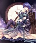  1girl aqua_eyes aqua_hair blue_eyes blue_hair cantarella_(vocaloid) cape clock couple detached_sleeves dress earrings flower formal gloves hair_flower hair_ornament hatsune_miku hetero jewelry kaito long_hair shinhwe sitting very_long_hair vocaloid 