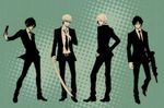  bad_id bad_pixiv_id error formal glasses gun handgun imi_uzi katana looking_back machine_pistol multiple_boys narukami_yuu necktie persona persona_1 persona_2 persona_3 persona_4 romeothedope submachine_gun suit suou_tatsuya sword toudou_naoya weapon yuuki_makoto 