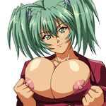  big_breasts breasts bursting_breasts exposure female green_eyes green_hair huge_breasts ikkitousen looking_at_viewer lowres nipples no_bra ryofu_housen shirt_pull simple_background smile solo twintails white_background 