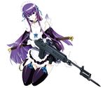  battle_rifle black_legwear blue_eyes bow busujima_saeko garter_straps gun highres highschool_of_the_dead katana long_hair m14 maid maid_headdress purple_hair rifle satou_shouji solo sword thighhighs weapon 