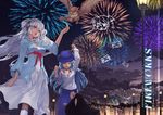  aerial_fireworks bird blue_eyes blue_hair breasts cleavage closed_eyes dress fireworks hat long_hair lorna mabinogi medium_breasts multiple_girls nao_(mabinogi) open_mouth owl pan_(mabinogi) scroll sheep toro_(konirio) white_hair 