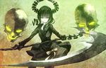  bad_id bad_pixiv_id banned_artist black_hair black_rock_shooter curly_hair dead_master holding holding_scythe long_hair paseri scythe shorts skull smile solo 