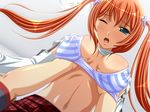  1girl blush bra breast_grab breasts cross erika_inaba futari_no_erika game_cg grabbing green_eyes indoors large_breasts lingerie long_hair male_hand one_eye_closed orange_hair pov shirt_lift twintails underwear wink 