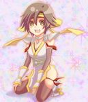  brown_eyes brown_hair detached_sleeves female full_body headband mahirohi nene open_mouth ribbon sengoku_musou sengoku_musou_2 short_hair shoulder_pads sitting solo yellow_ribbon 