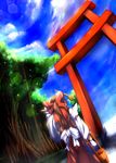  cloud day dutch_angle from_behind hakurei_reimu highres hishaku mugen_soukyuu sky solo sunlight torii touhou tree 