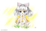  2010 animal_ears bell bug butterfly cat_ears child copyright_name daisy flower highres hiratsuka_tomoya insect jingle_bell kashin koihime_musou mole mole_under_mouth official_art open_mouth purple_eyes short_hair signature silver_hair smile solo squatting watermark 