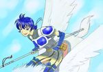  armor belt blue_eyes blue_hair boots cloud clouds elbow_gloves farina farina_(fire_emblem) female fingerless_gloves fire_emblem fire_emblem:_rekka_no_ken fire_emblem_blazing_sword flying gloves happy headband lance lowleg open_mouth pegasus pegasus_knight polearm riding short_hair sky tail thigh_boots weapon wings 