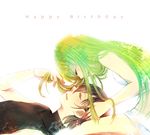  1girl adjusting_hair black_hair c.c. closed_eyes code_geass green_hair happy_birthday lelouch_lamperouge long_hair midriff mochizuki_mina short_shorts shorts smile 