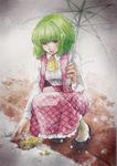  ascot blush flower green_hair kazami_yuuka lips plaid plaid_skirt plaid_vest red_eyes saneatsu short_hair skirt skirt_set snow solo squatting touhou traditional_media umbrella vest watercolor_(medium) 