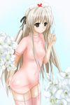  black_eyes blush cosplay flower hat highres kasugano_sora long_hair nurse nurse_cap nyabe open_mouth pink_legwear solo thighhighs white_hair yosuga_no_sora 