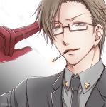  1boy brown_hair cigarette formal glasses gloves green_eyes hypnosis_mic iruma_juuto smoking suit tie 