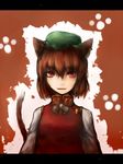  animal_ears brown_hair cat_ears cat_tail chen earrings fang hat jewelry masa_(neku) red_eyes short_hair solo tail touhou 