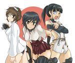  black_hair blush breasts camera closed_eyes cosplay costume_switch crossed_arms elbow_gloves embarrassed eyepatch gloves goggles goggles_on_head japanese_clothes katou_keiko kuroe_ayaka long_hair medium_breasts military military_uniform momio multiple_girls open_mouth ponytail sakamoto_mio school_swimsuit small_breasts smile strike_witches swimsuit thighhighs uniform world_witches_series 