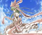  arms_behind_back bad_id bad_pixiv_id bow day dress fisheye frills gathers green_hair hair_bow hair_ribbon itsutsuki kagiyama_hina light_particles looking_back red_eyes ribbon sky solo standing touhou 