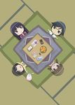  3girls =_= bangs black_hair blunt_bangs blush brown_hair chibi circle_formation closed_eyes comet-kun fengmu food from_above fruit gokou_hinata gokou_ruri gokou_tamaki highres kotatsu kousaka_kyousuke lying mandarin_orange mole mole_under_eye multiple_girls ore_no_imouto_ga_konna_ni_kawaii_wake_ga_nai purple_eyes table wavy_mouth 