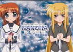  absurdres blonde_hair blue_eyes brown_hair cape fate_testarossa hair_down highres long_hair lyrical_nanoha mahou_shoujo_lyrical_nanoha mahou_shoujo_lyrical_nanoha_the_movie_1st multiple_girls okuda_yasuhiro red_eyes ribbon takamachi_nanoha 