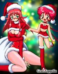  2girls blush breasts christmas cleavage cleavage_cutout clothed_navel dress erect_nipples flat_chest gaogaigar graf_zeppelin green_eyes happy hatsuno_hana large_breasts looking_at_viewer midriff miniskirt multiple_girls nipple_slip nipples no_bra open_mouth panties pantyshot pince-nez red_dress red_hair red_panties red_skirt renais_cardiff_shishiou santa_costume short_dress skirt slender_waist smile standing_on_one_leg ta152_(graf_zeppelin) tubetop underwear wariza white_panties yuusha_ou_gaogaigar yuusha_series 