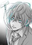  1boy formal green_eyes greyscale hypnosis_mic kannonzaka_doppo monochrome multicolored_hair open_mouth spot_color suit tie 