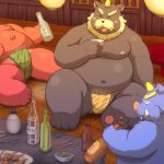  2016 anthro belly black_fur blue_fur blush clothing drinks eyes_closed fundoshi fur group horn humanoid_hands japanese_clothing lako male mammal navel overweight overweight_male red_fur sitting suid suina sus_(pig) tusks underwear ursid wild_boar 