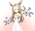  blush brown_eyes brown_hair dress gen_1_pokemon gusutan hair_bobbles hair_ornament hands_on_own_chest long_hair magnemite mikan_(pokemon) off_shoulder pokemon pokemon_(creature) pokemon_(game) pokemon_gsc ribbon two_side_up undressing 