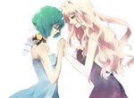  bare_shoulders blue_eyes choker closed_eyes dress gen_(enji) green_hair holding_hands long_hair macross macross_frontier multiple_girls pink_hair ranka_lee ribbon_choker sheryl_nome short_hair sundress 