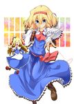  ahoge alice_margatroid apron ascot blonde_hair blue_eyes book boots bow capelet closed_eyes doll dress fingerless_gloves gloves hair_bow hairband jewelry necktie open_mouth pantyhose ribbon ring sash shanghai_doll smile solo string touhou white_capelet yuuki._(limit) 