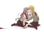  blood boxcutter chin_grab kneehighs knife long_hair multiple_girls original pantyhose reverse_grip school_uniform serafuku sitting skirt tears xxfuixx yandere yuri 