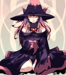  bare_shoulders dress female gijinka gradient gradient_background gradient_hair hat jewelry long_hair mismagius moemon multicolored_hair necklace open_mouth orange_eyes personification pink_hair pokemon pokemon_(game) purple_hair sitting smile solo 