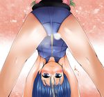  amecha asshat blue_eyes blue_hair blush breasts covered_nipples hinanawi_tenshi kneepits one-piece_swimsuit pee peeing school_swimsuit small_breasts solo swimsuit touhou upside-down 