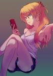  blue_eyes bra casual cellphone crossed_legs kyougen lingerie long_hair neon_genesis_evangelion orange_hair panties phone shorts sitting solo souryuu_asuka_langley tank_top underwear upshorts 