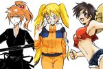  3girls artist_request black_eyes black_hair bleach blonde_hair blue_eyes blush breasts cutoffs genderswap hair_ornament hat japanese_clothes kurosaki_ichigo luffyko midriff monkey_d_luffy multiple_girls naruko naruto one_piece orange_hair peace_sign ponytail short_shorts shorts straw_hat twintails uzumaki_naruto v 