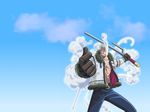  1boy anime belt blue_shirt cigar denim fighting_stance fur_trim gloves jacket jeans jitte male male_focus muscle one_piece open_clothes open_shirt pants shirt simple_background smoke smoker smoker_(one_piece) smoking solo weapon white_hair 