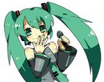  bad_id bad_pixiv_id bare_shoulders collared_shirt covering_mouth detached_sleeves grey_shirt hair_ornament hand_to_own_mouth hatsune_miku headgear headphones headset holding laughing long_hair looking_at_viewer lowres microphone molly nail_polish necktie number shirt simple_background smile solo tattoo twintails upper_body vocaloid white_background 
