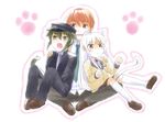  2boys angel_beats! animal_ears blazer brown_eyes brown_hair cat_ears green_hair hat hiiro_5-sai jacket long_hair multiple_boys naoi_ayato otonashi_(angel_beats!) school_uniform short_hair tail tenshi_(angel_beats!) white_hair yellow_eyes 