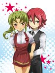  2boys blush crossdress crossdressing frown green_eyes green_hair hand_holding hand_on_shoulder inazuma_eleven inazuma_eleven_(series) kiyama_hiroto long_hair matsubara_kanabun midorikawa_ryuuji multiple_boys pixiv_thumbnail ponytail red_hair resized short_hair smile trap waiter waitress yellow_eyes 