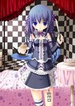  absurdres blue_hair cake checkered checkered_floor computer food hair_ribbon highres knife laptop original ribbon single_thighhigh solo spirtie thighhighs 