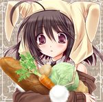  ahoge blush bread brown_hair carrot detached_sleeves food hat original purple_eyes ryuuga_shou solo 