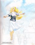  balancing barefoot blonde_hair dress harry_potter long_hair long_skirt luna_lovegood neckerchief open_mouth outstretched_arms pinafore_dress shirt sketch skirt smile solo 