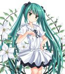  aqua_hair flower green_eyes hand_on_hip hatsune_miku jewelry long_hair necklace skirt smile solo tomojiro twintails very_long_hair vocaloid world_is_mine_(vocaloid) 