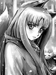 animal_ears greyscale head_tilt holo long_hair looking_at_viewer lsxilo monochrome scarf snow solo spice_and_wolf tail wolf_ears wolf_tail 