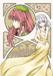  abo_(hechouchou) art_nouveau blue_eyes braid covering hat highres hong_meiling izayoi_sakuya long_hair maid_headdress md5_mismatch multiple_girls naked_sheet nude_cover red_hair short_hair silver_hair touhou twin_braids 
