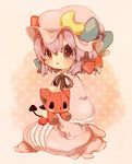  alternate_hair_length alternate_hairstyle bad_id bad_pixiv_id blush crescent hat kneeling methyl_key patchouli_knowledge purple_eyes purple_hair revision short_hair solo stuffed_animal stuffed_toy touhou younger 