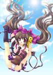  bad_id bad_pixiv_id bow brown_hair cellphone checkered checkered_skirt cloud day flying fukase_ayaka geta hair_bow hair_ribbon hat himekaidou_hatate kneepits lens_flare long_hair necktie panties phone purple_eyes ribbon skirt sky solo tengu-geta tokin_hat touhou twintails underwear white_panties 