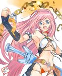  armpits artist_name blue_eyes chain collar copyright_request fingerless_gloves game_console gloves long_hair open_mouth pink_hair playstation signature solo sword takahashi_kenji weapon 